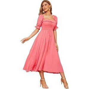 Square Neck short Sleeve Summer Beach Flowy midi Dress sz 4/6 swiss dot pink